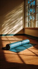 Rolled yoga mat rests on a wooden floor bathed in warm sunlight filtering through a large window.