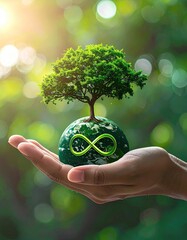 A hand cradles a miniature Earth with a lush green tree and infinity symbol, symbolizing environmental sustainability and endless growth within a blurred green background