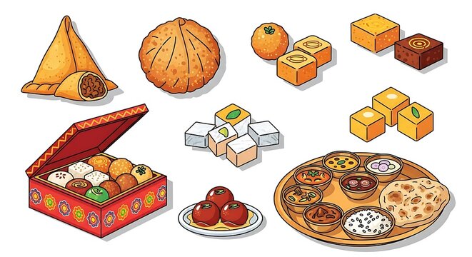 Illustration of Indian sweets and snacks, including samosas, laddu, barfi, and a thali.