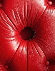 Close-up of a damaged, red, tufted leather surface revealing a hole in the center