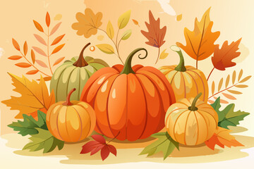 Watercolor style thanksgiving background featuring pumpkins and autumn leaves festive vector illustration