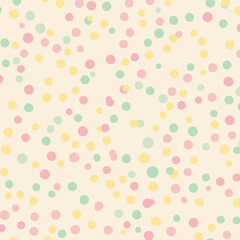 Pastel polka dots on a cream background. A soft, whimsical design with varying shades of pink, yellow, and light green circles scattered on a light beige backdrop.