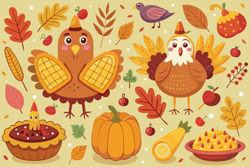 Cute thanksgiving vector illustration featuring funny turkeys and autumn harvest elements scalable graphic