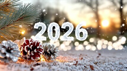 This is a New Year themed creation showing 2026 text number, pine cones, snow, and string lights. The creation evokes a happy, festive atmosphere for celebration - Powered by Adobe