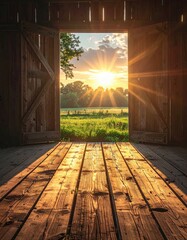 Rustic barn interior, open doors reveal a vibrant sunset over a verdant field; sunbeams stream through