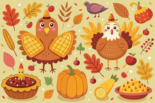 Cute thanksgiving vector illustration featuring funny turkeys and autumn harvest elements scalable graphic