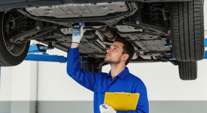 Automotive Technician Inspecting Car Undercarriage on Lift with Clipboard in Hand.