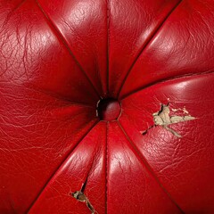 Close-up of worn, red, tufted upholstery showing cracks and wear