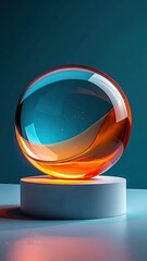 A translucent sphere, amber and teal, rests on a minimalist white pedestal against a deep teal backdrop; internal light glows warmly