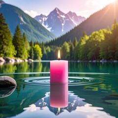 Serene pink candle floats on tranquil mountain lake at sunrise, its reflection mirrored in the still water, surrounded by lush greenery and majestic peaks