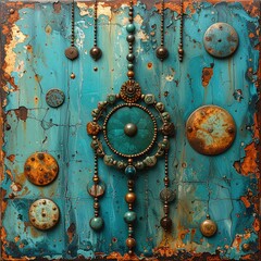 Teal textured canvas with metallic accents, beads, and circular embellishments; distressed, layered, and ornate design