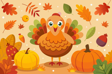 Fototapeta premium Cute cartoon thanksgiving background with smiling turkey pumpkins and falling autumn leaves