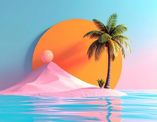 Pastel pink island with palm tree, sphere, and orange sun circle in turquoise water; minimalist, summery digital art
