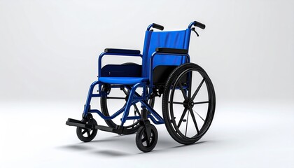 A blue manual wheelchair with patterned backrest, shown on a plain white background, angled slightly to the left, displaying its features clearly
