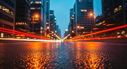 Obraz premium Urban Nightscape with Dynamic Light Trails and Wet Street Reflections