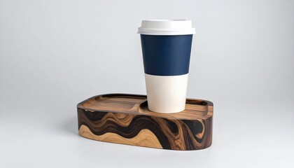 A navy and off-white disposable coffee cup sits in a uniquely-grained wooden tray against a light grey background