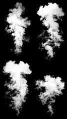 Four distinct white smoke plumes against a stark black backdrop, exhibiting varying densities and shapes