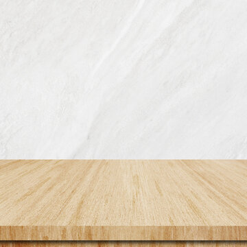 Wood table and white marble wall background in kitchen, Wooden shelf, counter for food and product display in room background, Wood table top, desk surface banner, mockup, template