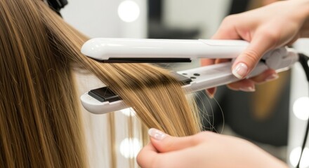 Hairdresser straightening long brown hair with a white flat iron in a salon, creating a sleek and polished look for a client, showcasing beauty and care.