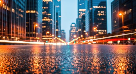 Fototapeta premium Abstract Cityscape at Night with Blurred Traffic Light Trails and Reflective Wet Street