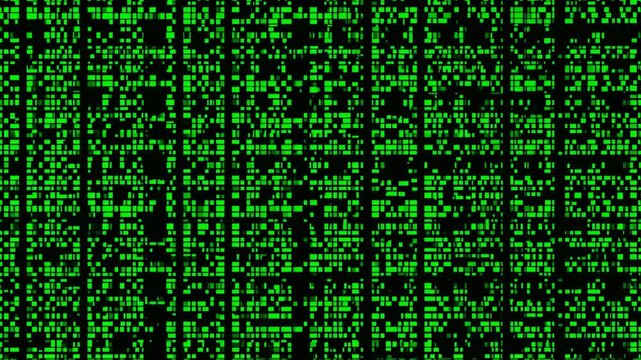 Abstract grid pattern of small, unevenly spaced, glowing green squares on a black background