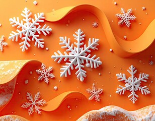 Abstract orange background with stylized 3D snowflakes scattered across undulating ribbons; festive winter scene