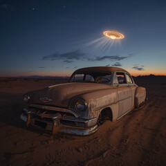 An abandoned vintage car in a lifeless desert with faint UFO lights above it.
