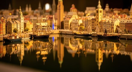 Obraz premium Miniature Harbor with Sailing Ships and Cityscape at Night