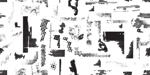 Glitch distorted grungy abstract forms . Halftone dots seamless pattern texture. Grange shapes .Grunge textured . Vector shapes with half tone dots .Screen print endless pattern texture