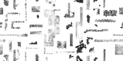 Glitch distorted grungy abstract forms . Halftone dots seamless pattern texture. Grange shapes .Grunge textured . Vector shapes with half tone dots .Screen print endless pattern texture