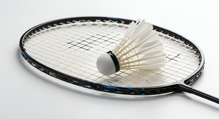 A badminton shuttlecock and racket placed on a white surface with a simple white background