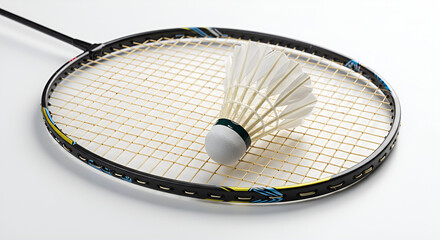 A badminton shuttlecock and racket placed on a white surface with a simple white background