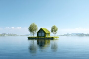 Fototapeta premium Secluded Eco-House: An inviting eco-friendly house, constructed with sustainable materials, nestles peacefully amidst serene water, embodying eco-conscious living, harmony with nature.