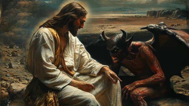 Biblical desert moment: Christ endurance, satan temptation, divine word, holy conflict, gospel narrative, New Testament tale, spiritual proof, faith victory, forty day, sacred lesson, eternal covenant