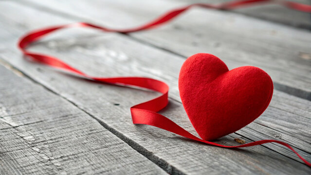 Soft red plush heart on rustic wooden boards tied with a ribbon. 