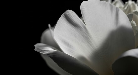 Obraz premium White peony flower petals glow in soft light against a dark backdrop, creating an elegant and serene closeup image with a minimalist aesthetic.