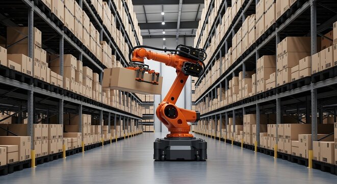 An orange robotic arm lifting a cardboard box in a warehouse filled with stacked boxes on shelves