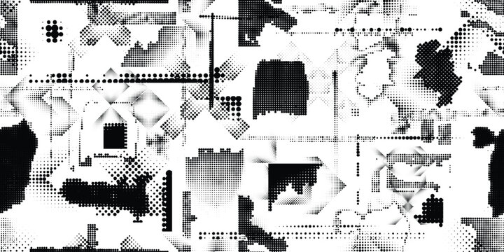 Glitch distorted grungy abstract forms . Halftone dots seamless pattern texture. Grange shapes .Grunge textured . Vector shapes with half tone dots .Screen print endless pattern texture