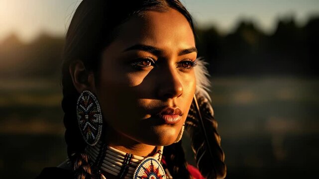 Portrait of young indigenous woman with traditional headdress and beaded jewelry in soft sunset light, honoring native ancestry and cultural heritage
