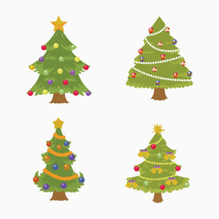 Green Christmas tree set with decoration ornament star ball and present gift for new year holiday celebration season vector illustration isolated winter fir pine