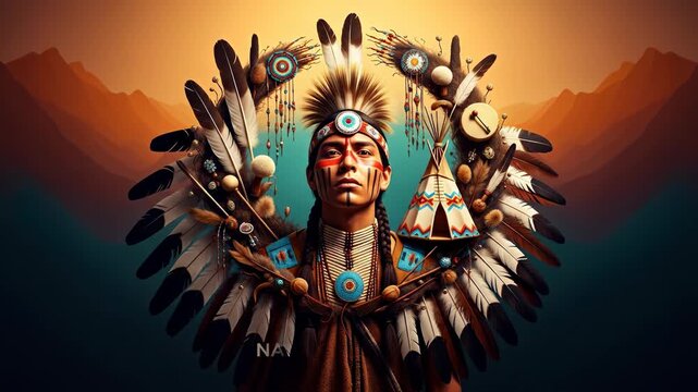 Portrait of young person in traditional native american headdress and war paint, surrounded by eagle feathers, beads, and a ceremonial teepee, symbolizing ancestral heritage and enduring spirit.