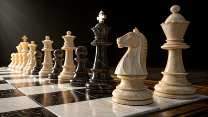 Classic chess pieces arranged on a black and white board under dramatic lighting
