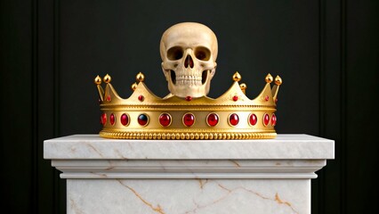Unique skull adorned with a golden crown on a marble pedestal in a dark room setting