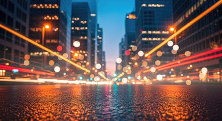 Fototapeta premium Dynamic City Nightscape with Blurred Motion and Reflective Road