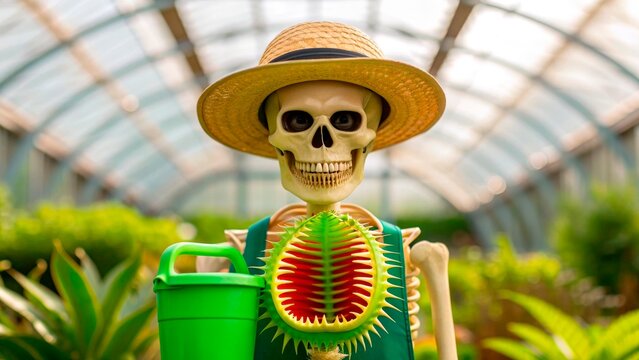Skeleton gardener watering plants inside a greenhouse during daylight with a Venus flytrap nearby