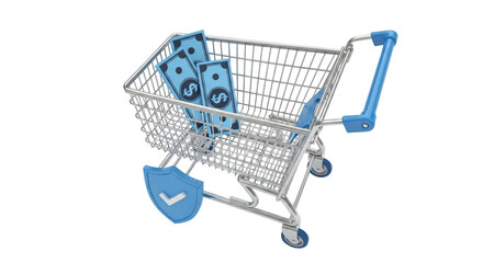 Isolated shopping cart filled with currency, representing safe and secure transactions