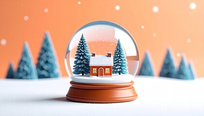 Miniature snow globe depicting a small red house nestled between two snow-dusted evergreen trees on a snowy base, against a warm orange sunset backdrop with falling snow