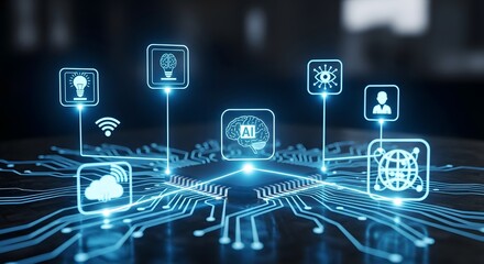 Illuminated ai brain icon and other technology icons connected by circuit board lines on dark background