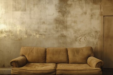 A worn brown couch sits against a textured wall evoking feelings of nostalgia and quiet contemplation in a dimly lit