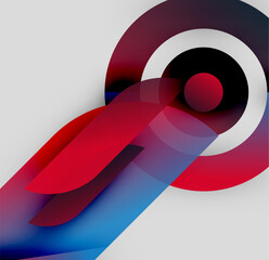 Abstract composition. Red, blue, white shapes overlap. Minimalist design, modern aesthetic, dynamic curves, soft gradients present.